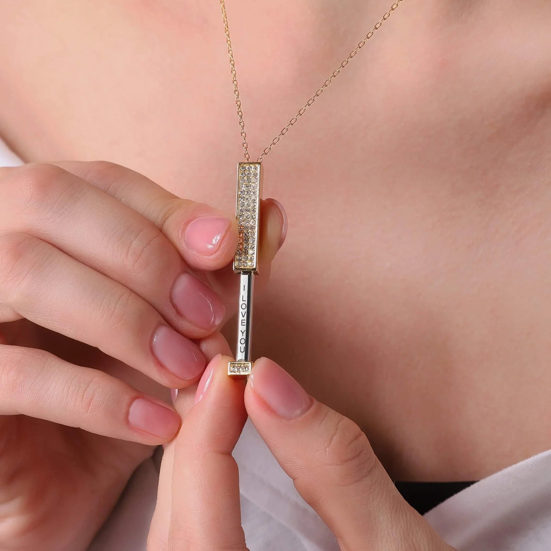 "I Love You" Pull-Out Engraved Diamond Pendant Necklace